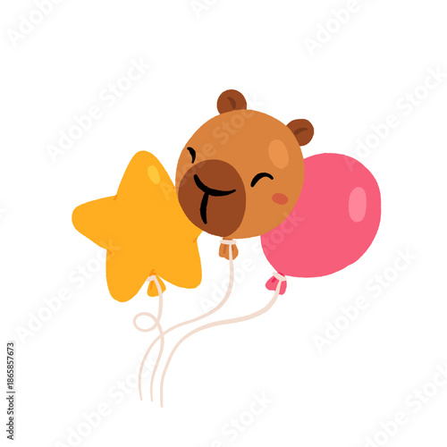 Happy birthday party with cute capybara. Vector collection of Funny amusing capybara characters celebrating birthday. Childish baby adorable nice animals cliparts.