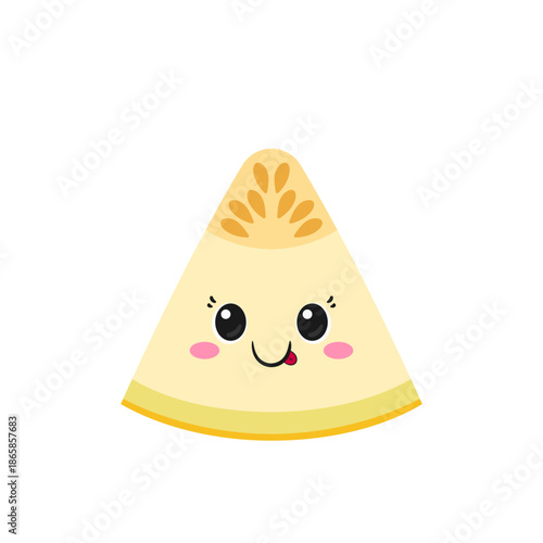 Melon slice, fun and cute cartoon character, tasty ripe fruit, big eyes, happy smiling face, kawaii style, icon vector illustration.