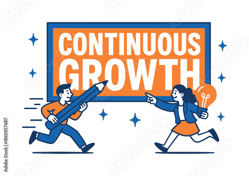 Dynamic Growth Banner. Continuous growth banner, flat vector illustration, bold oversized text inside rectangular frame, cartoon characters running and
