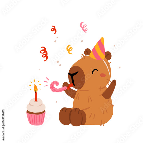 Happy birthday party with cute capybara. Vector collection of Funny amusing capybara characters celebrating birthday. Childish baby adorable nice animals cliparts.