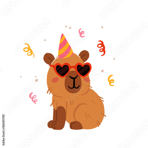 Happy birthday party with cute capybara. Vector collection of Funny amusing capybara characters celebrating birthday. Childish baby adorable nice animals cliparts.