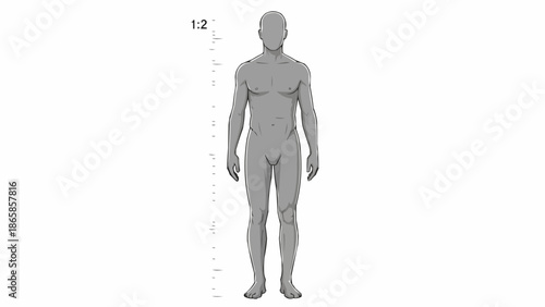 Anatomical illustration of a male human body with scale markings.