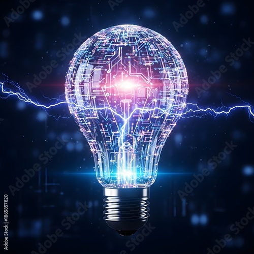 Futuristic light bulb with digital circuit board pattern and electric lightning bolts, concept of artificial intelligence, innovation, and creative technology energy.