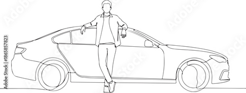Stylish single continuous line drawing of a modern man casually leaning on a sleek car, embodying minimalist design and elegant simplicity in vehicle ownership