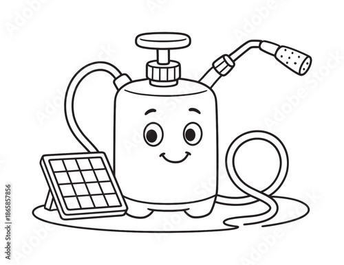 Solar Sprayer Coloring. Solar-powered sprayer children?s coloring book illustration, outlined drawing, a friendly garden sprayer connected to a small solar