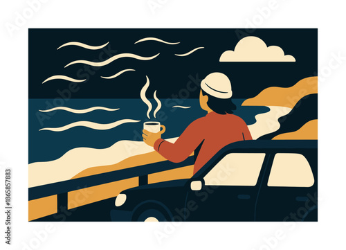 Ocean Breeze Sip. Coastal roadside sip. Person leaning on car roof facing the ocean; steaming cup catching sea breeze. Wave-like curves floating around. Modern