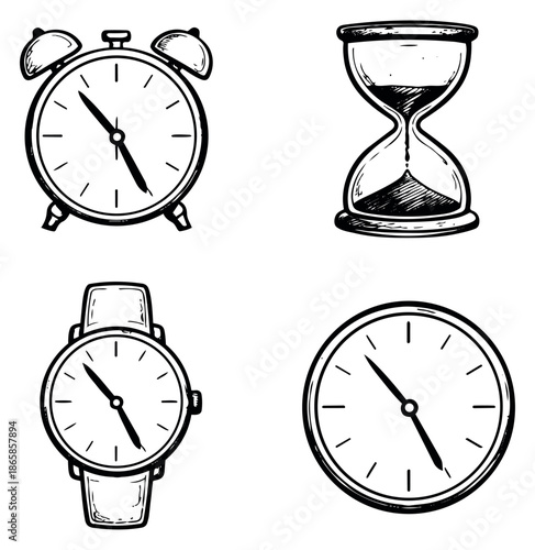 Hand drawn line art time icon set featuring an alarm clock, hourglass, wrist watch, and wall clock for time management concepts