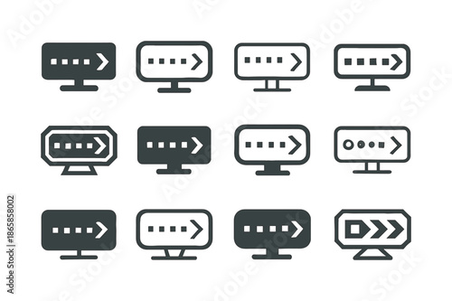 Digital Signage Icons. Digital signage. Icon set. Set Logo of digital signage: scrolling LED ticker. harmonious logo variations of the same emblematic concept,