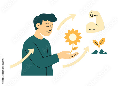 Renewal and Hope. Hope after crisis. A character offering a glowing light or flower; gentle arrows showing a shift in energy. Icons of strength and renewal