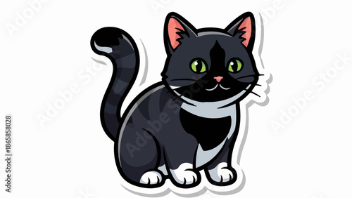 Cartoon black and white cat with green eyes and pink ears, sitting