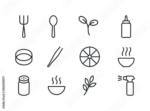 Gastronomy Line Icons. Gastronomy elements. Line icon set of Gastronomy elements: tasting fork, tasting spoon, microgreens, sauce bottle, plating ring,