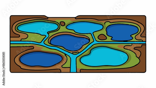 A stylized map shows a network of interconnected blue water bodies surrounded by green land and brown earth