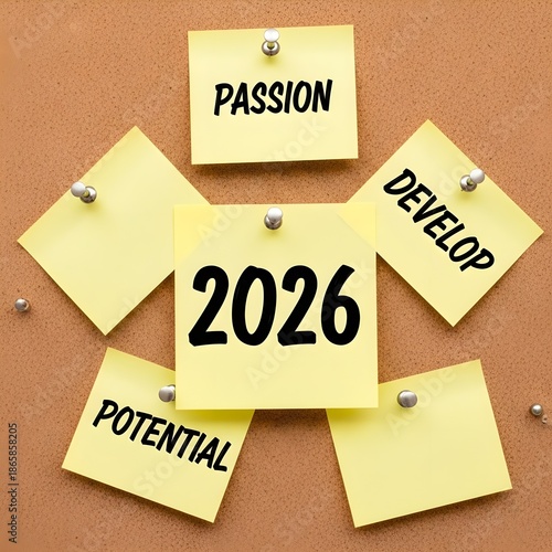 2026 vision board with yellow sticky notes on cork bulletin board, motivational concept with words passion, develop, and potential for new year goals.