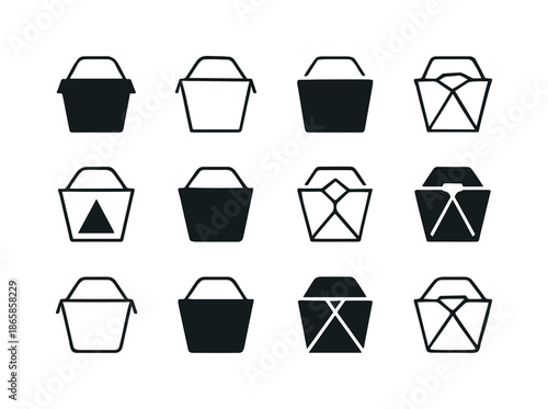 Takeaway Box Logos. Food packaging. Icon set. Set Logo of food packaging: takeaway box. harmonious logo variations of the same emblematic concept, each with