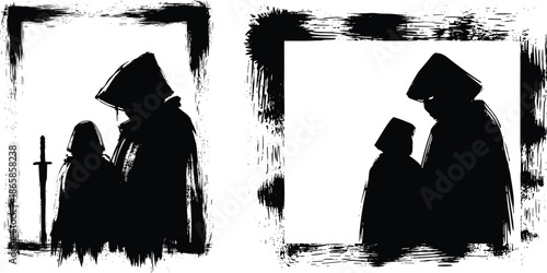 Silhouettes of hooded figures in abstract frames