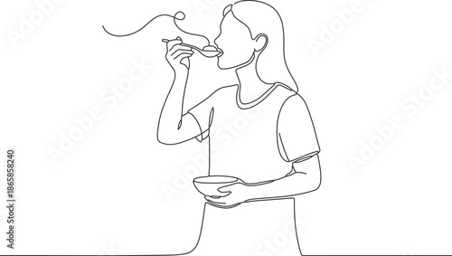 Minimalist continuous line art depicting a young woman enjoying a warm meal, gracefully eating from a bowl with a spoon, highlighting healthy eating habits and simple pleasures