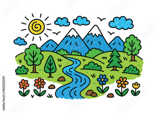 Colorful Children's Landscape. Landscape. Colorful Hand-drawn doodle Children illustration Landscape mountains, valleys, rivers, trees, sun, clouds, bushes,