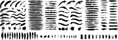 Collection of various black brush strokes and line patterns on a white background