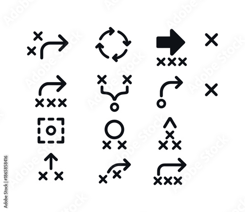 Tactical Icon Grid. Tactical maneuvers. Solid icon set of tactical maneuvers: flank arrow, encircle arrows, forward push, defensive retreat, split formation,