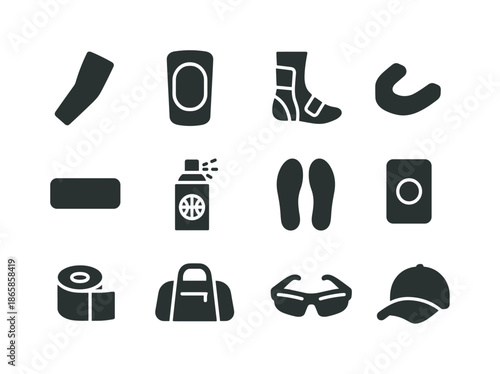 Basketball Accessories Icons. Basketball accessories. Solid icon set of basketball accessories: arm sleeve, knee pad, ankle brace, mouthguard, headband, grip