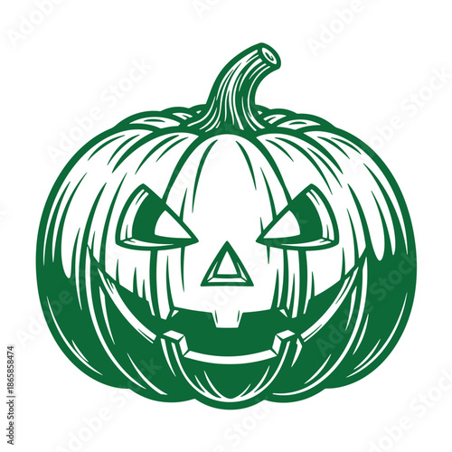 Green jackolantern face with triangle nose and menacing grin on transparent background