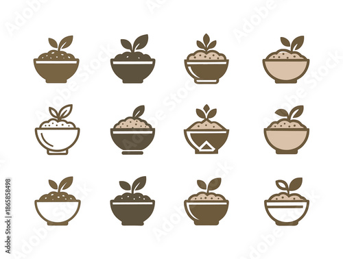Charoset Logo Variations. Charoset Mixture. Icon set. Set Logo of Charoset Mixture: bowl with leaf garnish representing freshness. harmonious logo variations