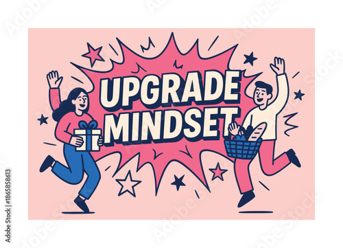 Upgrade Mindset Explosion. Upgrade mindset banner, flat vector illustration, bold oversized text inside splash explosion banner, cartoon characters jumping and