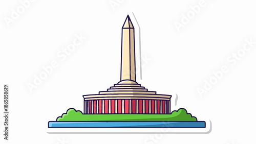 A stylized monument with a tall obelisk atop a circular base with columns, surrounded by greenery and a blue border