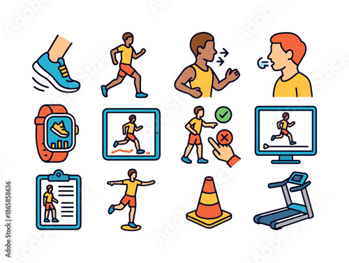 Running Technique Icons. Running Technique. Colorful isometric vector icons set of Running Technique: midfoot strike, proper posture, arm swing, breathing