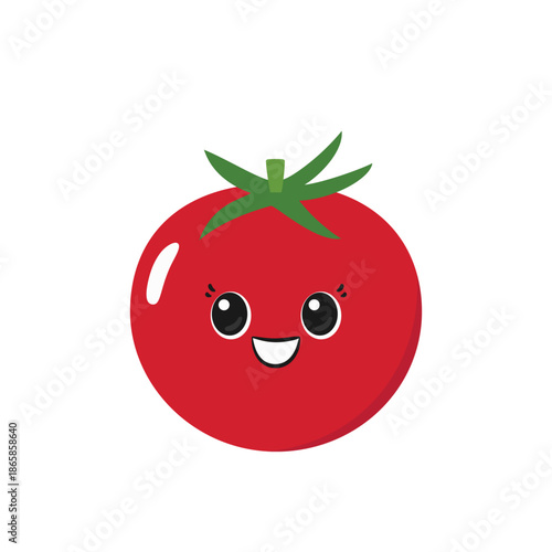 Smiling cute tomato, fun cartoon character, happy face, emotions joy delight, big eyes, kawaii style, flat vector illustration.
