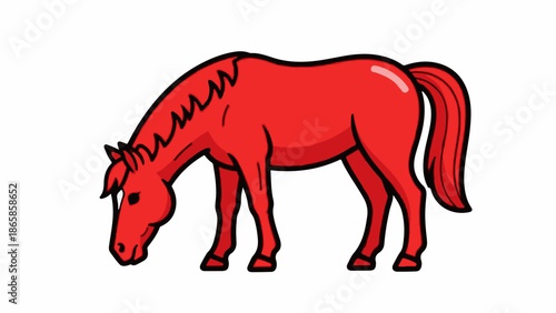A simplified, bright red horse with a black outline bends its head down to graze