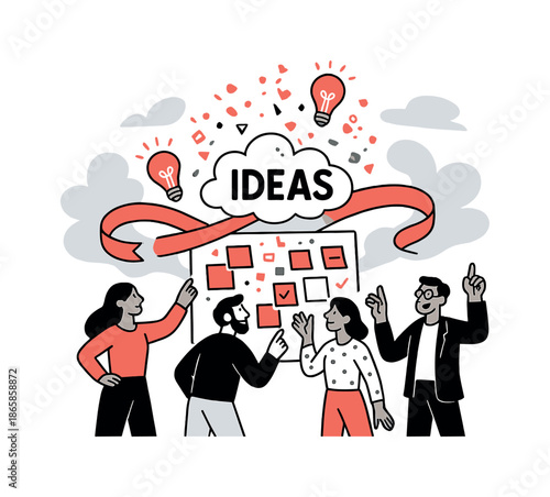 Innovative Brainstorming Vision. Creative brainstorming session. Team members stand around a giant floating sticky-note wall, notes and icons drifting upward