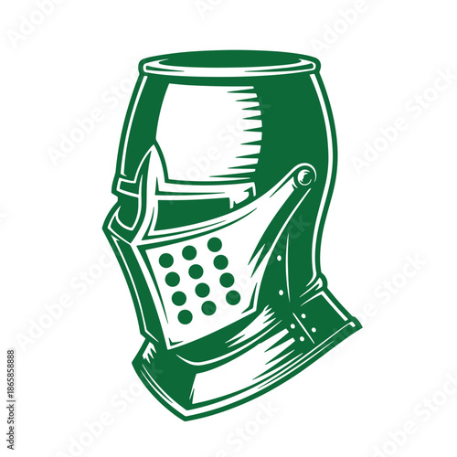 Green knight helmet with visor and holes for eyes  medieval armor headgear  historical costume piece