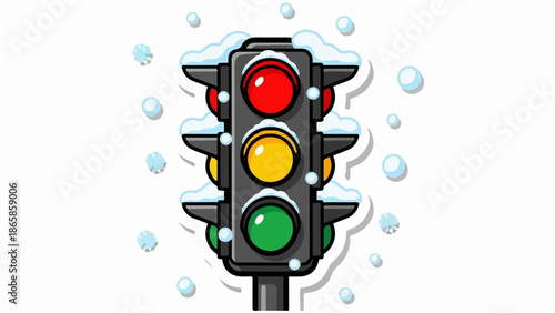 A cartoon traffic signal shows red, yellow, and green lights covered in snow and surrounded by falling snowflakes