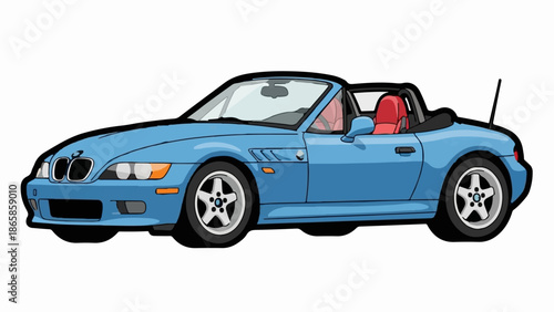 A vibrant blue convertible sports car with red seats, depicted in a clean, isolated graphic