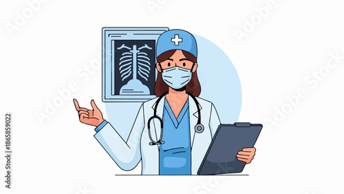 A female doctor with a stethoscope and mask reviews an X-ray