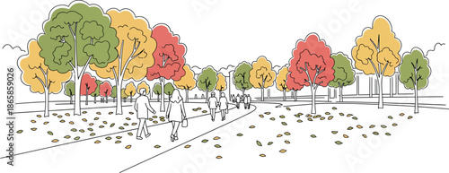 Autumn Park Scene with People Walking