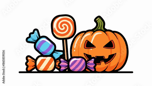 Festive Halloween pumpkin with assorted colorful candies and a lollipop