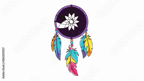 A vibrant dreamcatcher with purple hoop, white web, beads, and colorful feathers