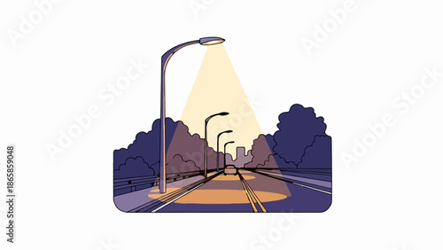 A lone car drives down a tree-lined road illuminated by streetlights at dusk