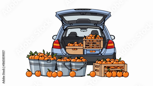 Blue car trunk filled with oranges and buckets of fruit
