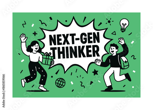 Next-Gen Thinker Banner. Next-gen thinker banner, flat vector illustration, bold oversized text inside comic burst banner, cartoon characters dancing and