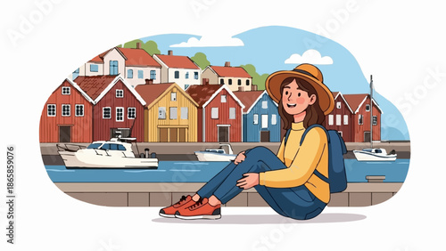 A young woman with a hat and backpack sits by a harbor with colorful buildings and boats