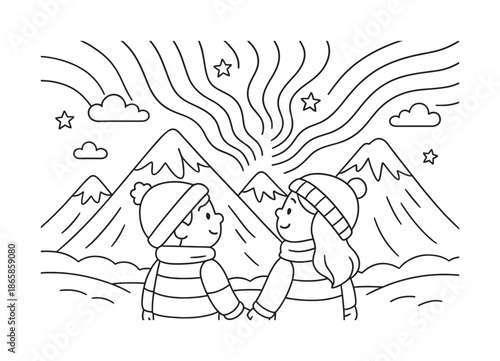 Aurora Mountain Coloring Page. Mountain peak aurora children?s coloring book illustration, outlined drawing, a couple in warm clothes standing near snowy peaks