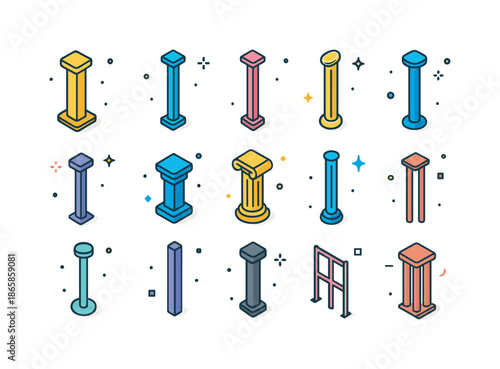 Colorful Column Icons. Slim columns. Colorful isometric vector icons set of slim columns: minimalist column, tall narrow pillar, thin architectural support,
