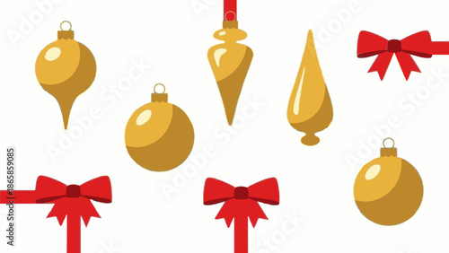 Festive gold ornaments and red bows create a charming holiday decoration theme