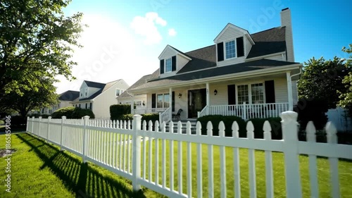 Classic suburban home with white picket fence on a sunny day