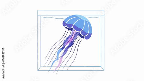 A stylized blue jellyfish with purple and pink tentacles drifts in a light blue aquarium