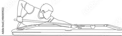 Line art illustration of a focused person playing billiards, aiming a precise shot with a cue stick on a pool table, depicting concentration and strategic gameplay