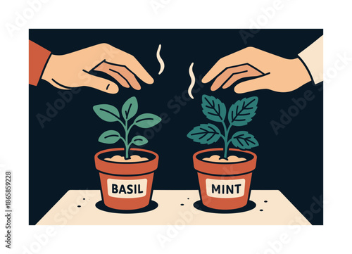 Herb Garden Nurturing. Tiny herb pots. Basil and mint sprouting in small containers; drifting scent icons above. Characters? hands reaching in to nurture.